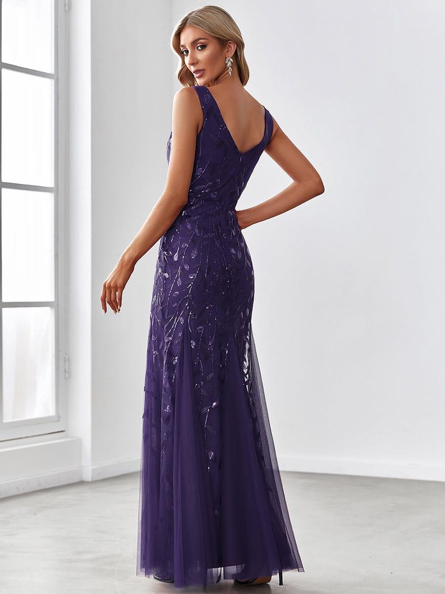 Leaf Sequin V-Neck Sleeveless Bridesmaid Dress with Tulle Hem #Color_Dark Purple