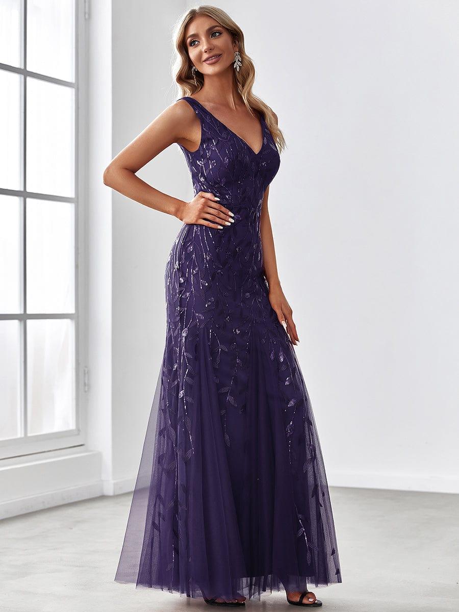 Leaf Sequin V-Neck Sleeveless Bridesmaid Dress with Tulle Hem #Color_Dark Purple