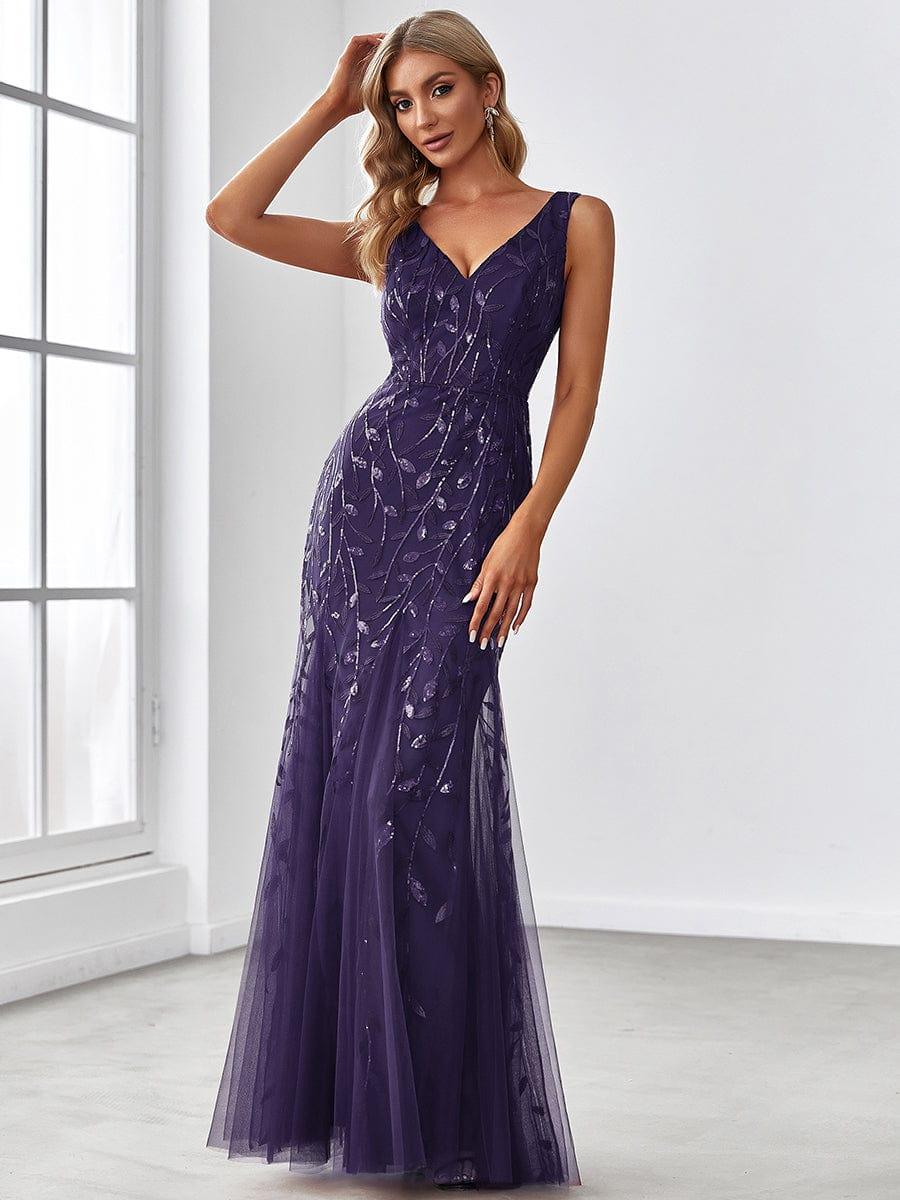 Leaf Sequin V-Neck Sleeveless Bridesmaid Dress with Tulle Hem #Color_Dark Purple