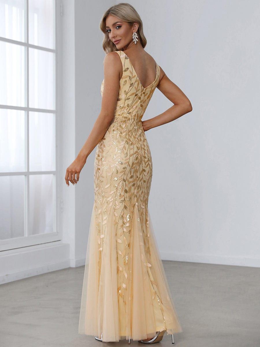 Leaf Sequin V-Neck Sleeveless Bridesmaid Dress with Tulle Hem #Color_Gold