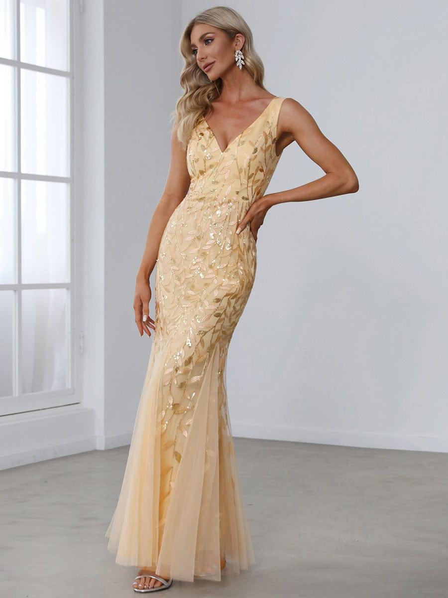 Leaf Sequin V-Neck Sleeveless Bridesmaid Dress with Tulle Hem #Color_Gold