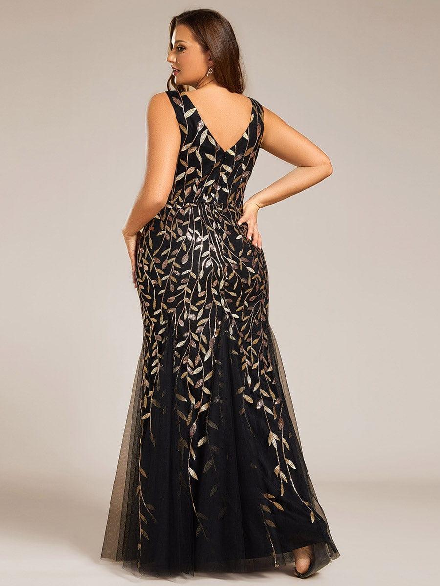 Leaf Sequin V-Neck Sleeveless Bridesmaid Dress with Tulle Hem #Color_Black & Gold