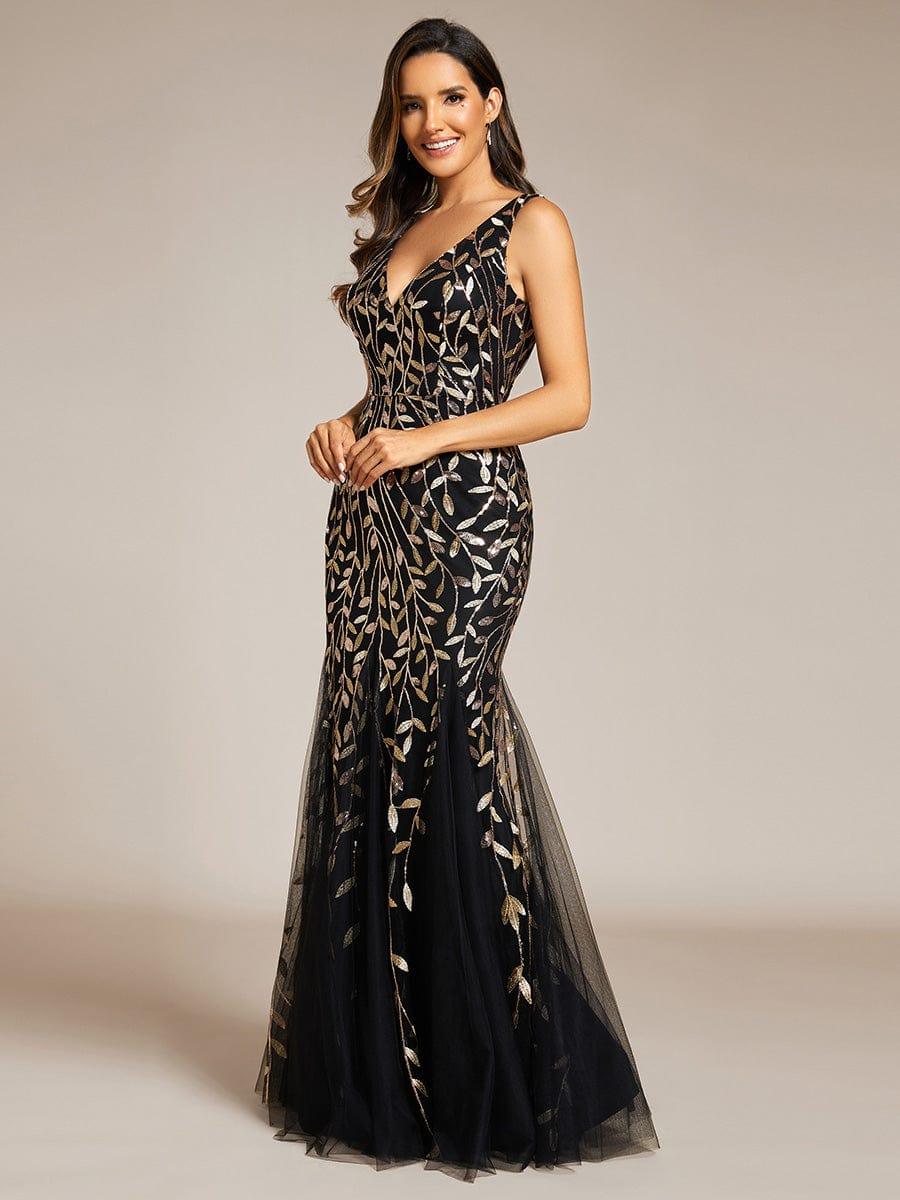 Women's Double V-Neck Fishtail Sequin Evening Dress #Color_Black & Gold