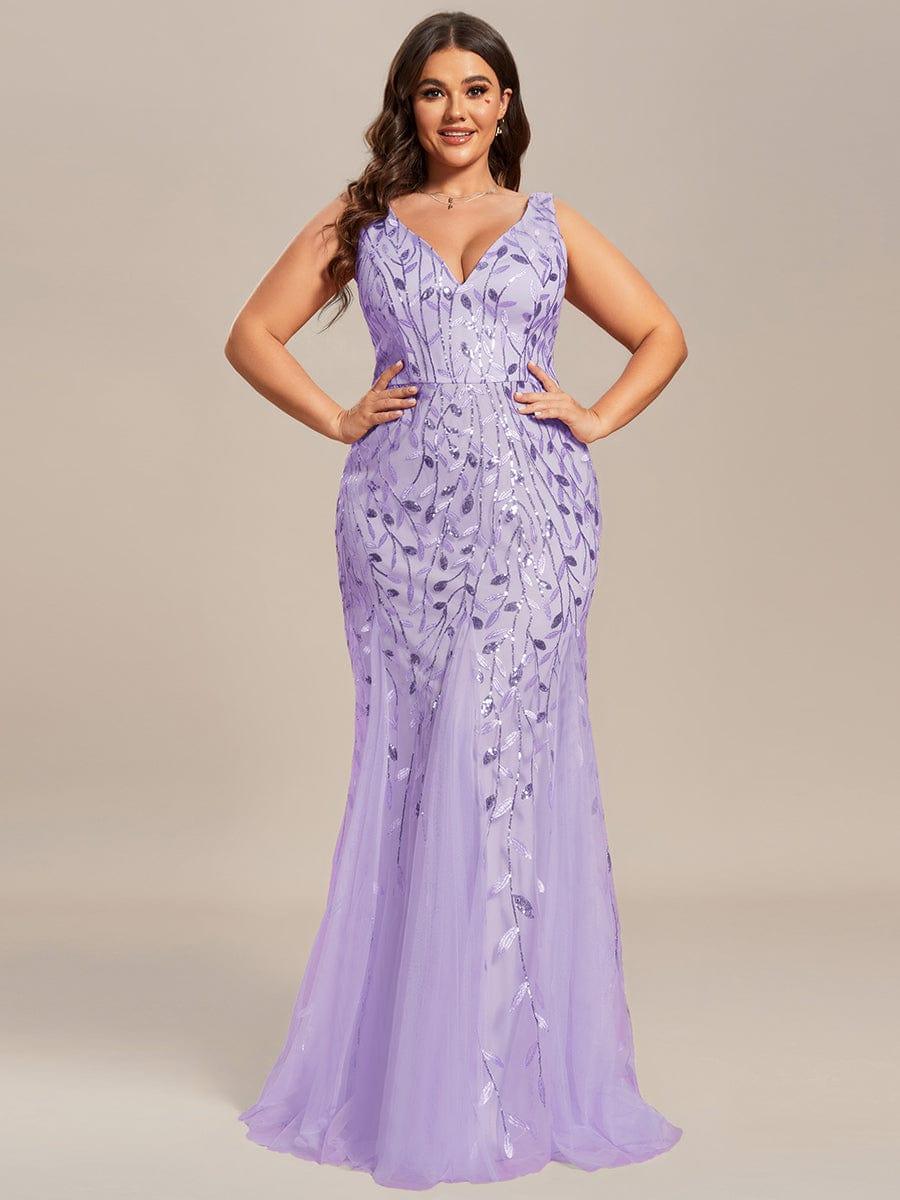 Leaf Sequin V-Neck Sleeveless Bridesmaid Dress with Tulle Hem #Color_Lavender