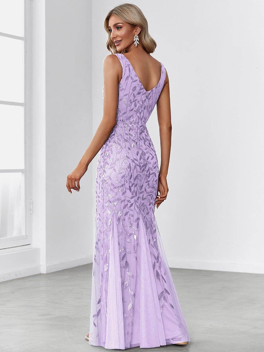 Leaf Sequin V-Neck Sleeveless Bridesmaid Dress with Tulle Hem #Color_Lavender