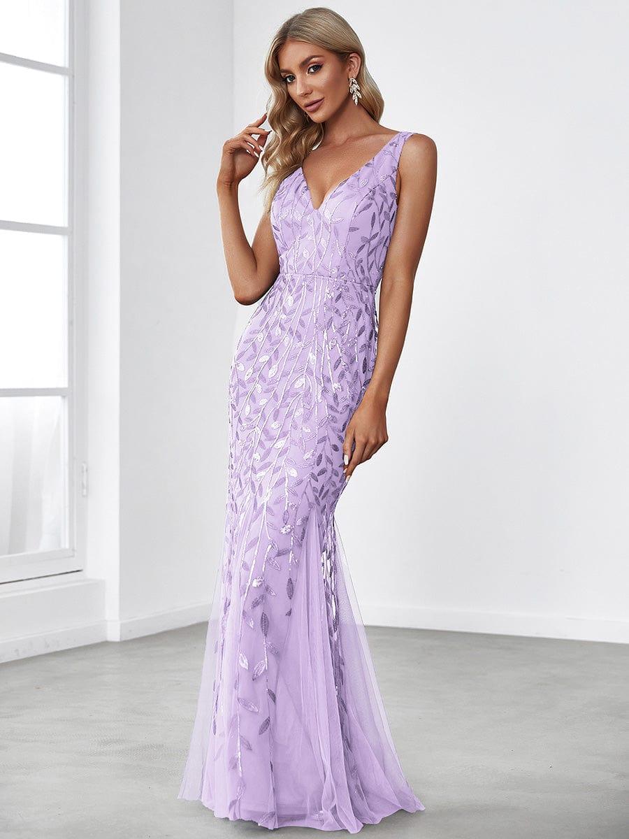 Leaf Sequin V-Neck Sleeveless Bridesmaid Dress with Tulle Hem #Color_Lavender