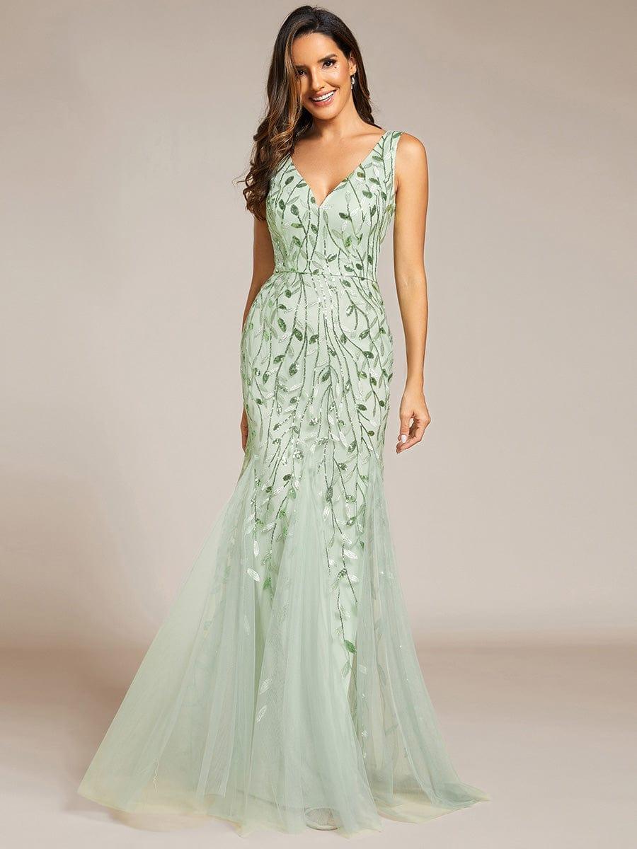 Leaf Sequin V-Neck Sleeveless Bridesmaid Dress with Tulle Hem #Color_Mint Green