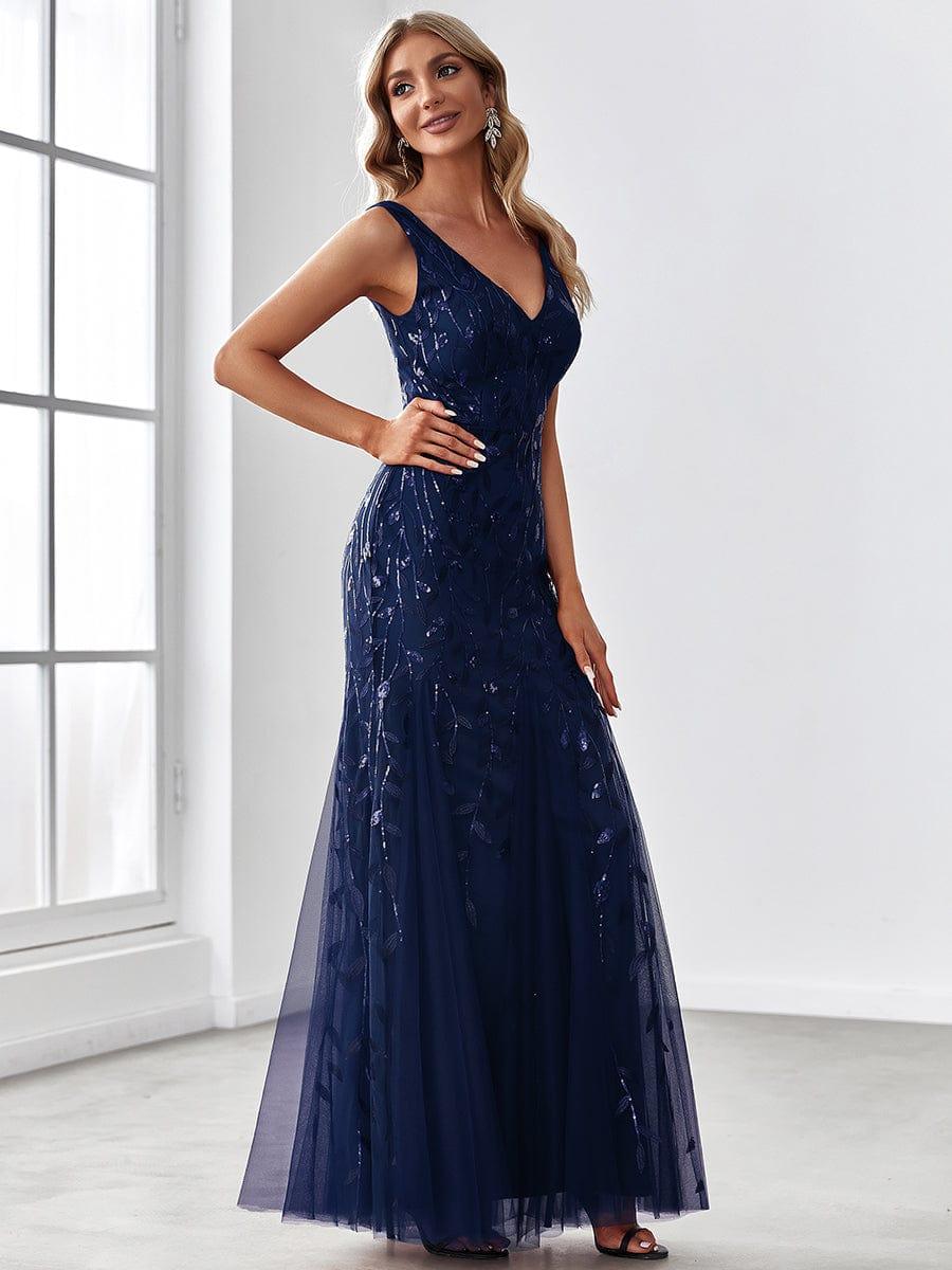 Leaf Sequin V-Neck Sleeveless Bridesmaid Dress with Tulle Hem #Color_Navy Blue