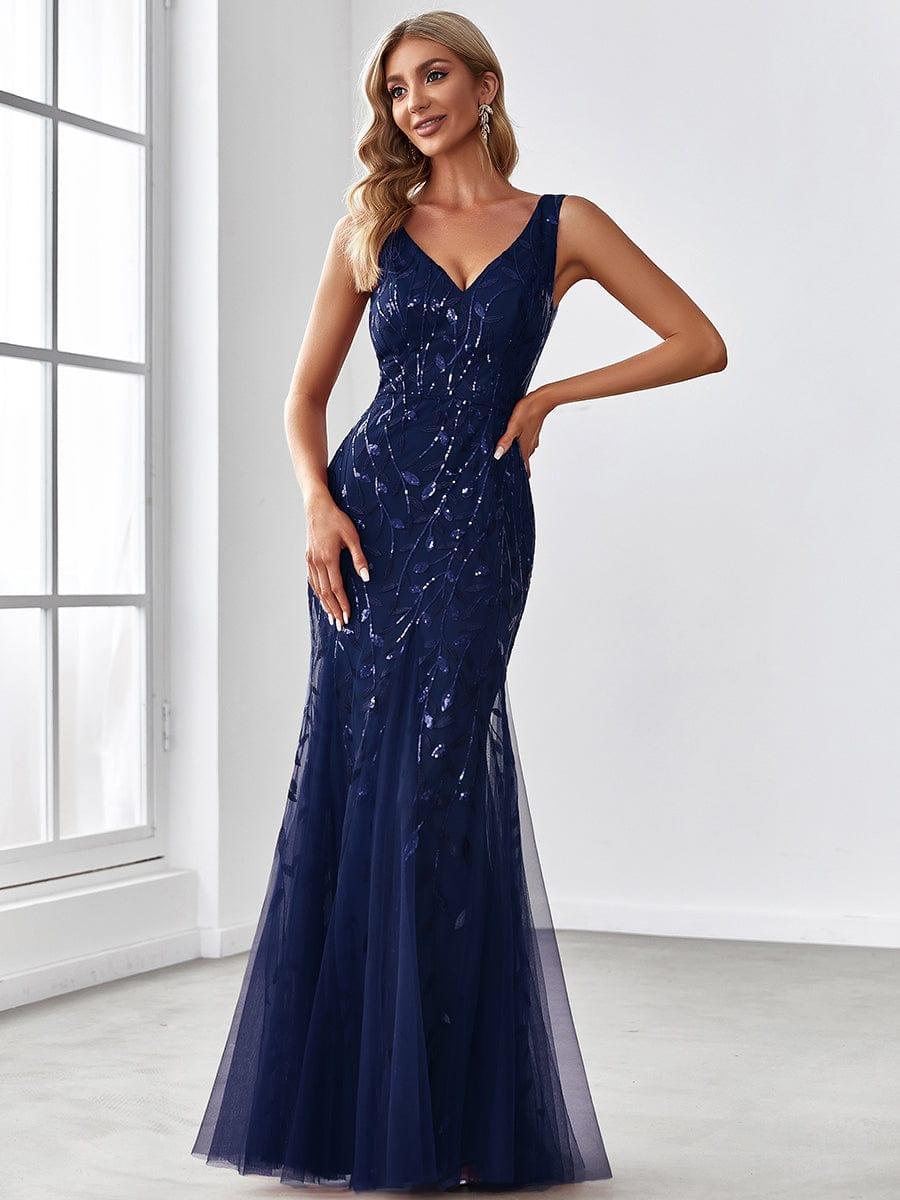 Leaf Sequin V-Neck Sleeveless Bridesmaid Dress with Tulle Hem #Color_Navy Blue