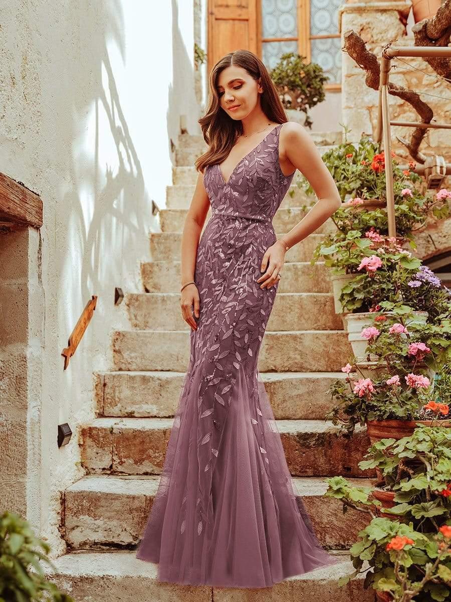 Leaf Sequin V-Neck Sleeveless Bridesmaid Dress with Tulle Hem #Color_Purple Orchid