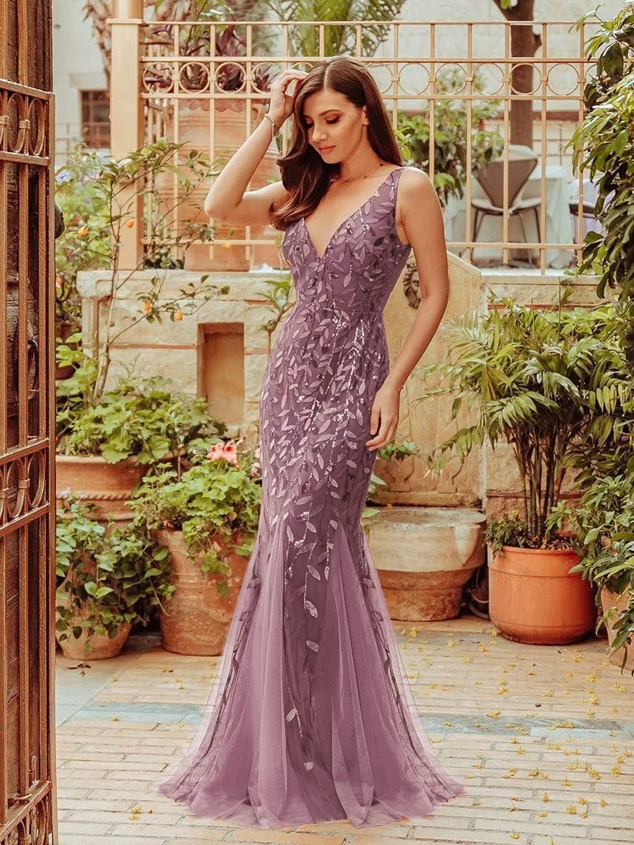 Leaf Sequin V-Neck Sleeveless Bridesmaid Dress with Tulle Hem #Color_Purple Orchid