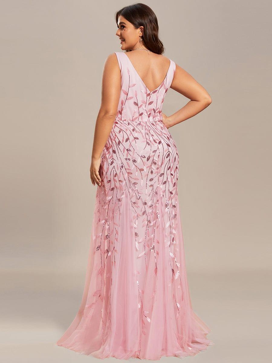Leaf Sequin V-Neck Sleeveless Bridesmaid Dress with Tulle Hem #Color_Pink