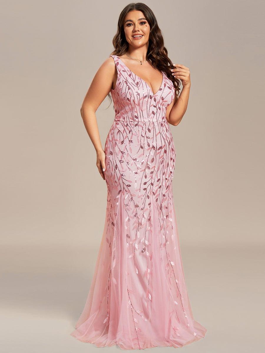 Leaf Sequin V-Neck Sleeveless Bridesmaid Dress with Tulle Hem #Color_Pink