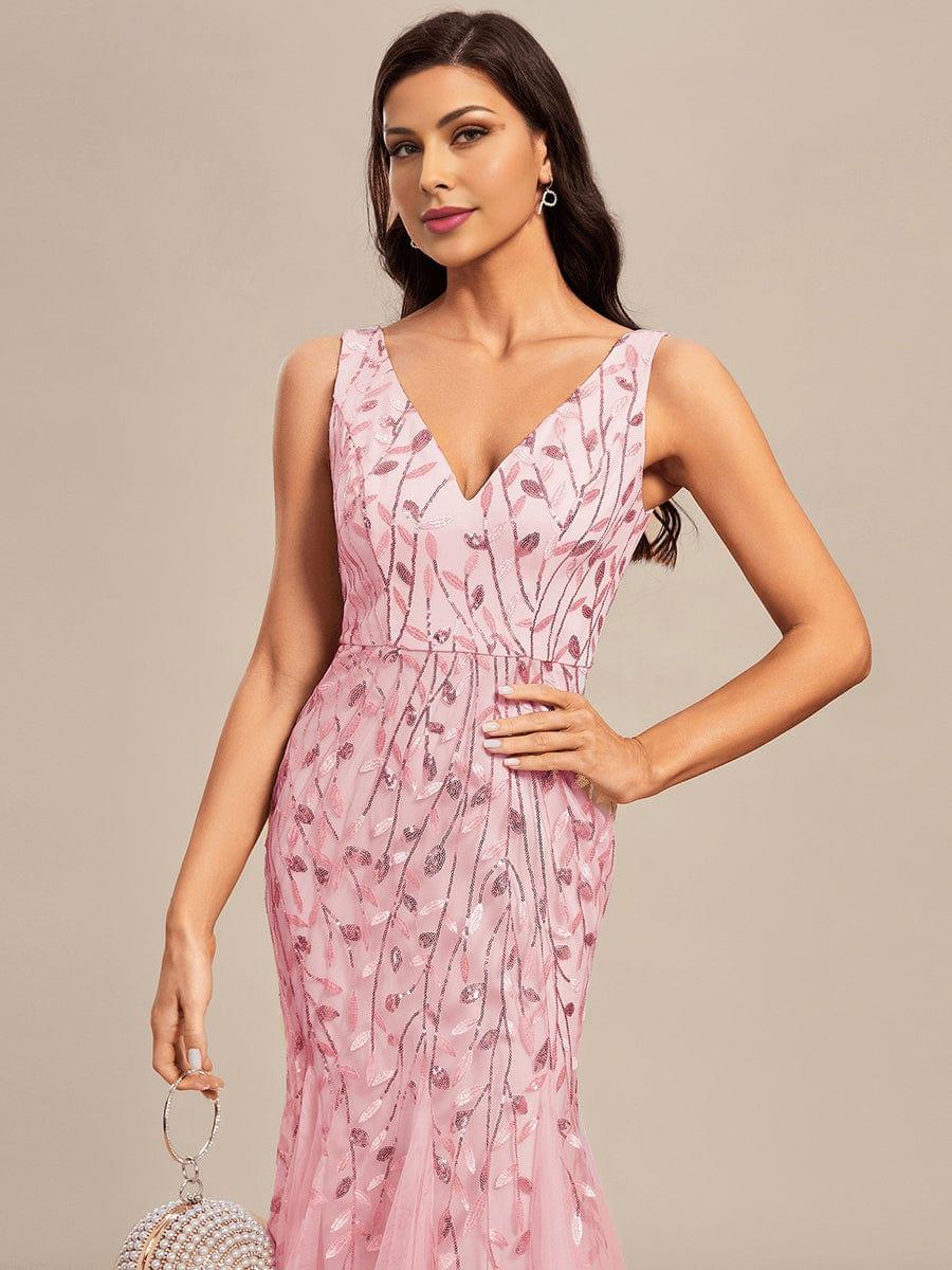 Leaf Sequin V-Neck Sleeveless Bridesmaid Dress with Tulle Hem #Color_Pink