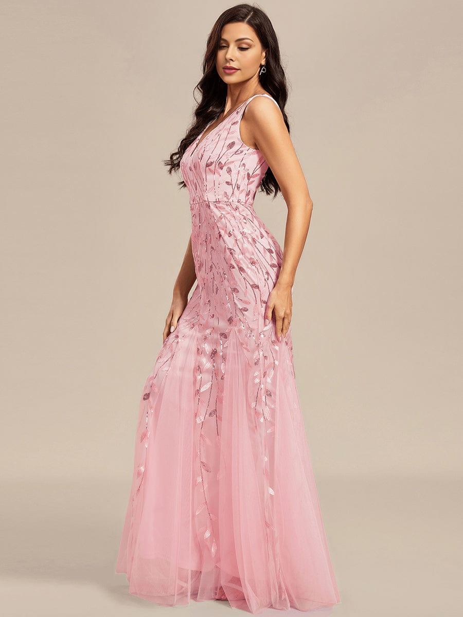 Leaf Sequin V-Neck Sleeveless Bridesmaid Dress with Tulle Hem #Color_Pink