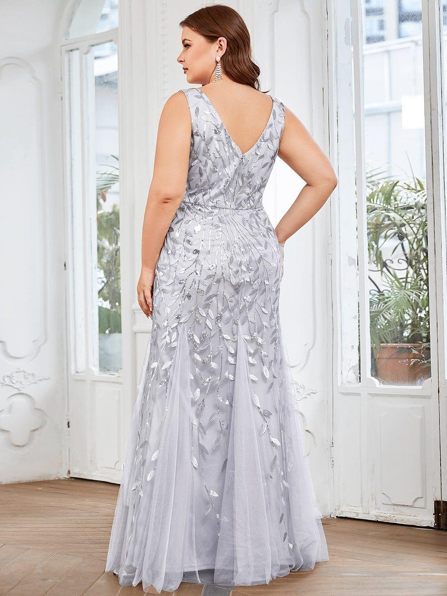 Leaf Sequin V-Neck Sleeveless Bridesmaid Dress with Tulle Hem #Color_Silver