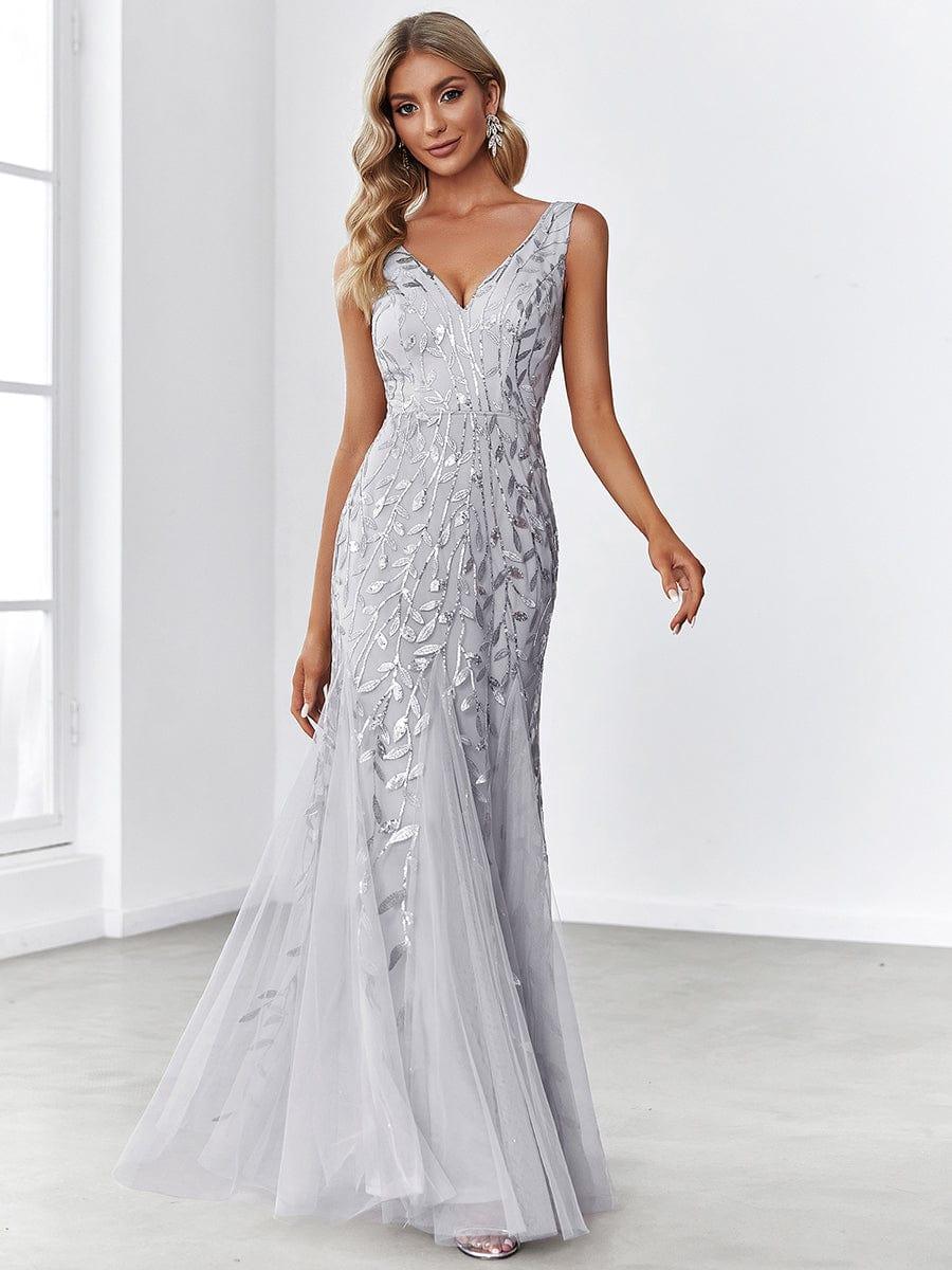 Leaf Sequin V-Neck Sleeveless Bridesmaid Dress with Tulle Hem #Color_Silver