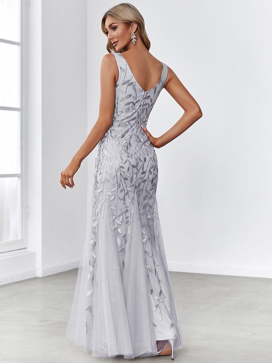 Leaf Sequin V-Neck Sleeveless Bridesmaid Dress with Tulle Hem #Color_Silver