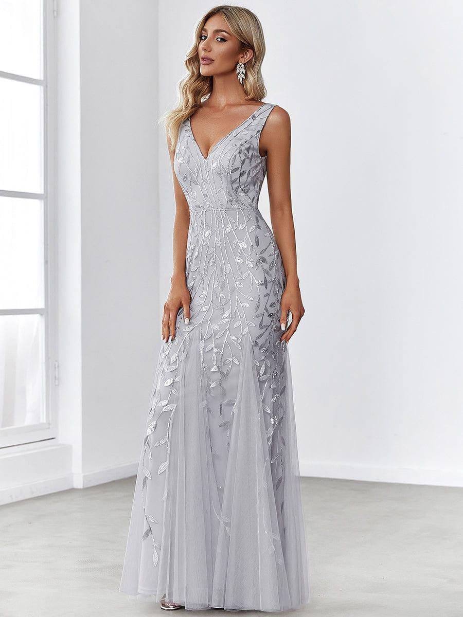 Leaf Sequin V-Neck Sleeveless Bridesmaid Dress with Tulle Hem #Color_Silver
