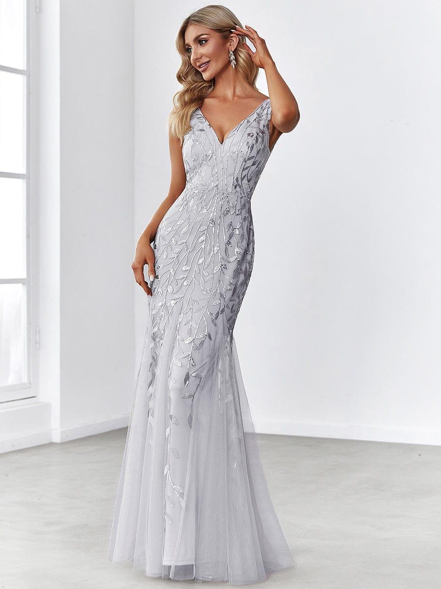 Leaf Sequin V-Neck Sleeveless Bridesmaid Dress with Tulle Hem #Color_Silver
