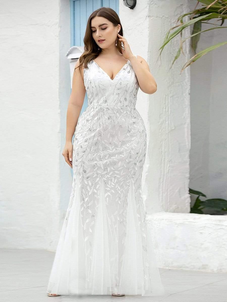 Leaf Sequin V-Neck Sleeveless Bridesmaid Dress with Tulle Hem #Color_White