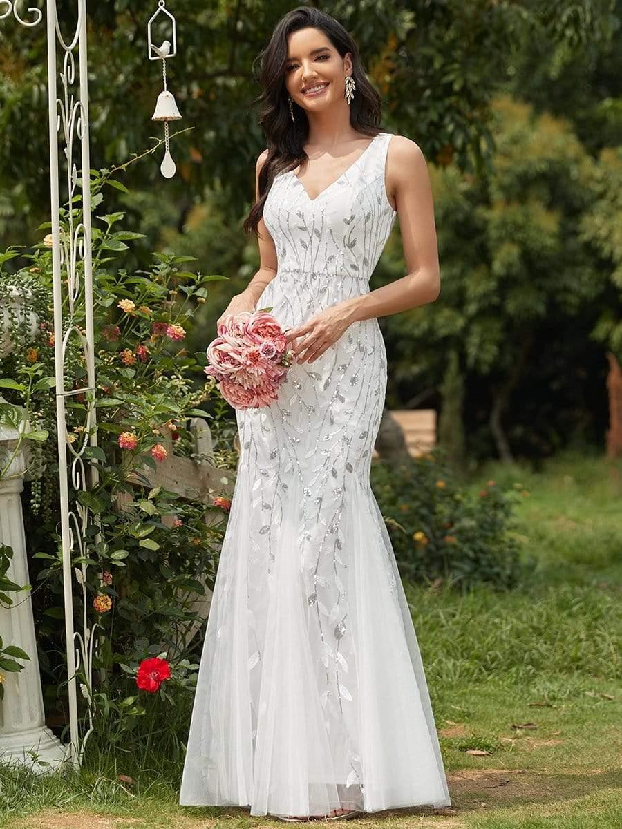 Leaf Sequin V-Neck Sleeveless Bridesmaid Dress with Tulle Hem #Color_White