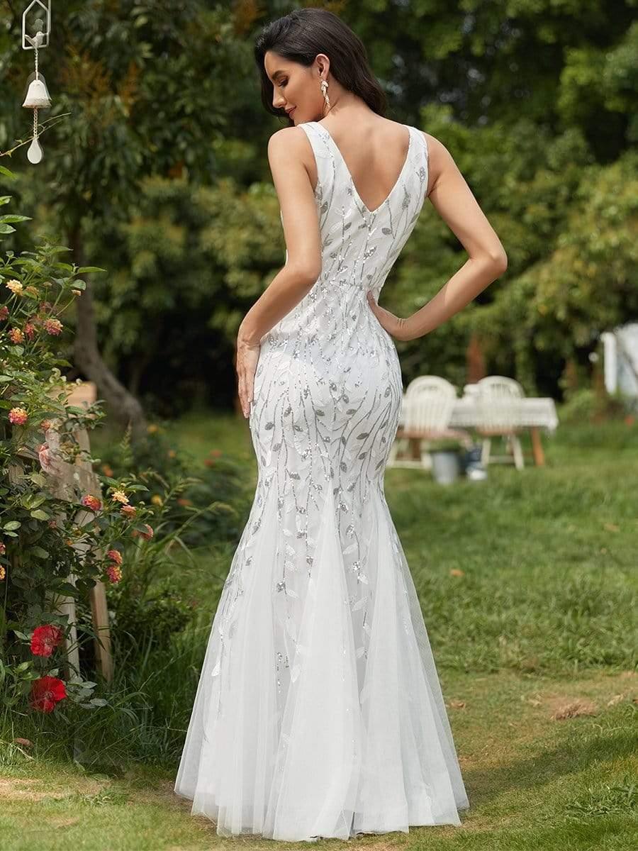 Leaf Sequin V-Neck Sleeveless Bridesmaid Dress with Tulle Hem #Color_White