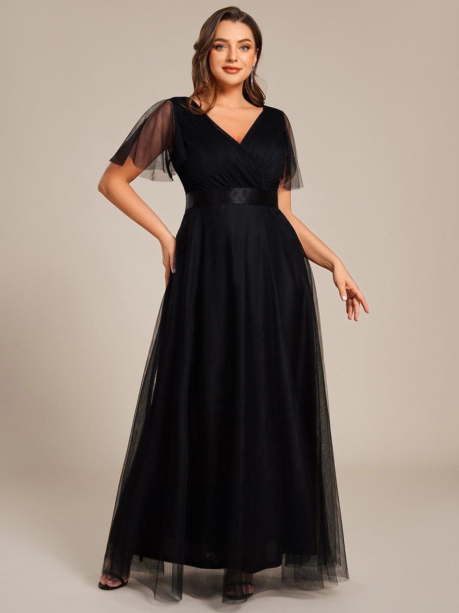 Women's Floor-Length Plus Size Formal Bridesmaid Dress with Short Sleeve #color_Black