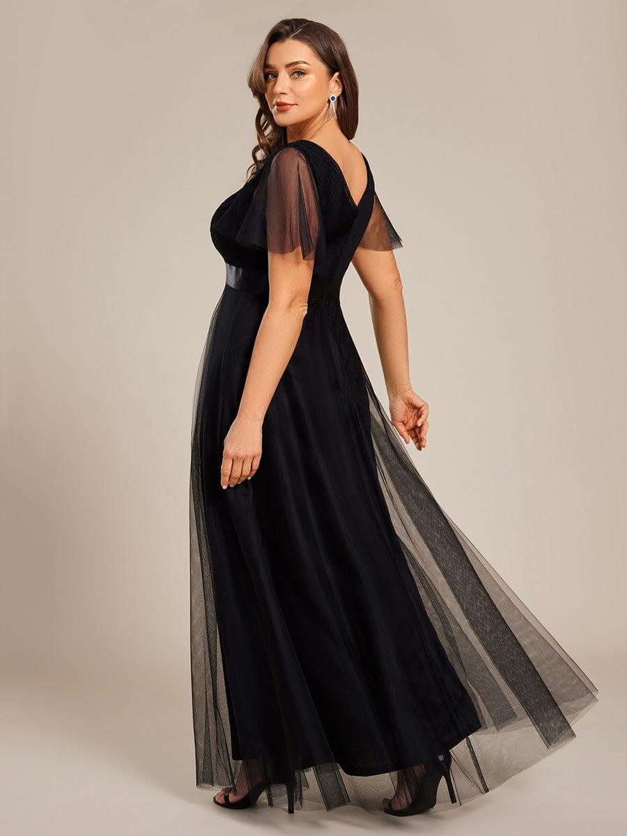 Double V-Neck Floor-Length Short Sleeve Tulle Bridesmaid Dresses #color_Black