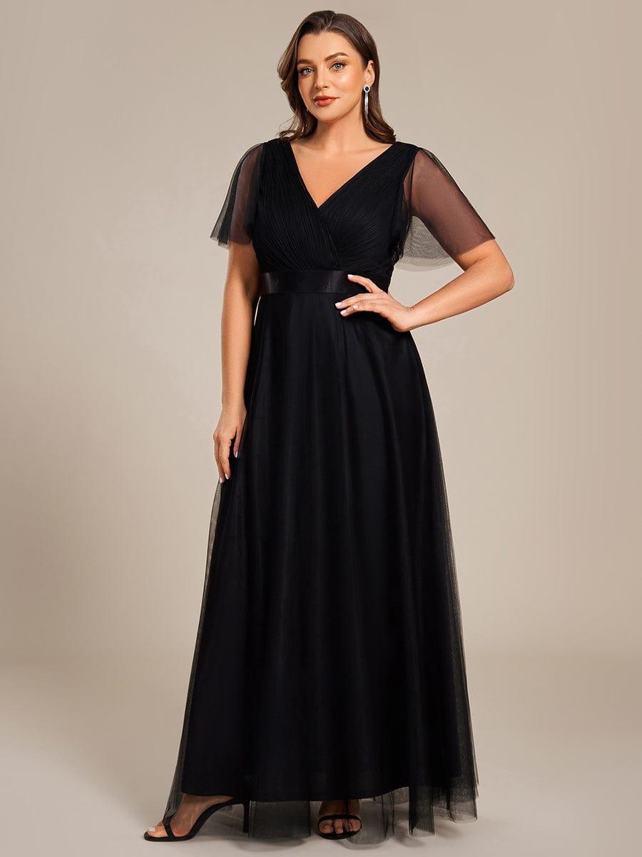 Women's Floor-Length Plus Size Formal Bridesmaid Dress with Short Sleeve #color_Black