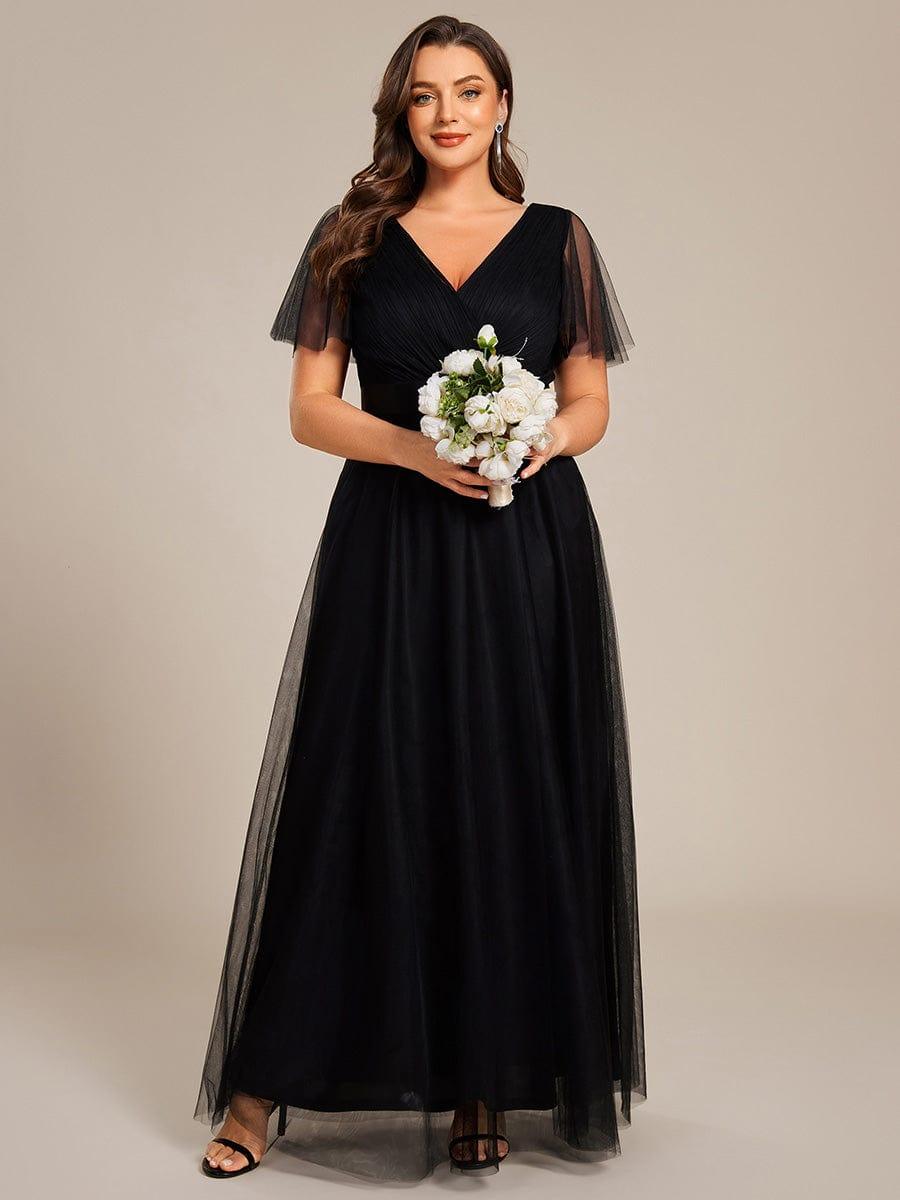 Double V-Neck Floor-Length Short Sleeve Tulle Bridesmaid Dresses #color_Black