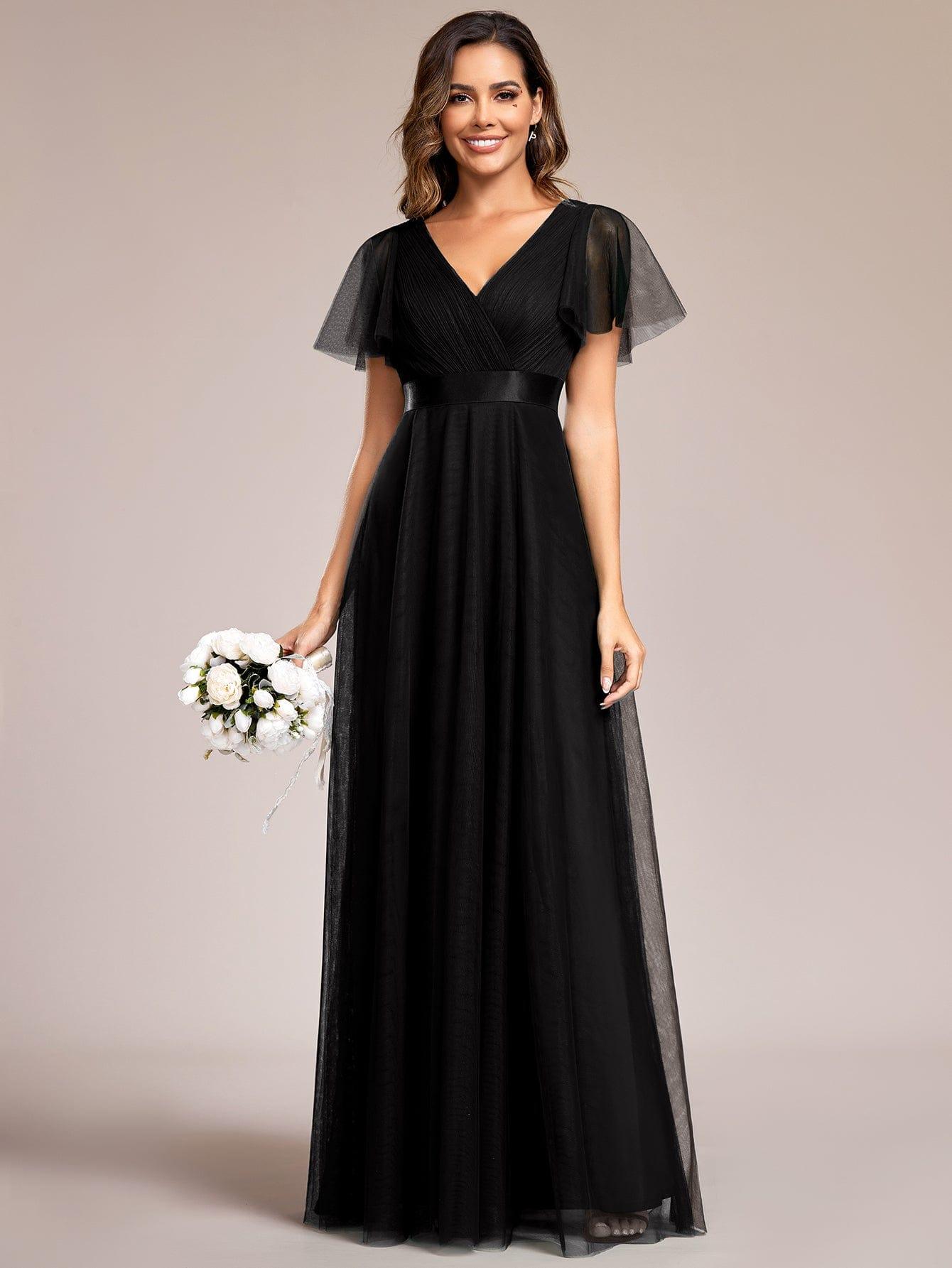 Double V-Neck Floor-Length Short Sleeve Tulle Bridesmaid Dresses #color_Black