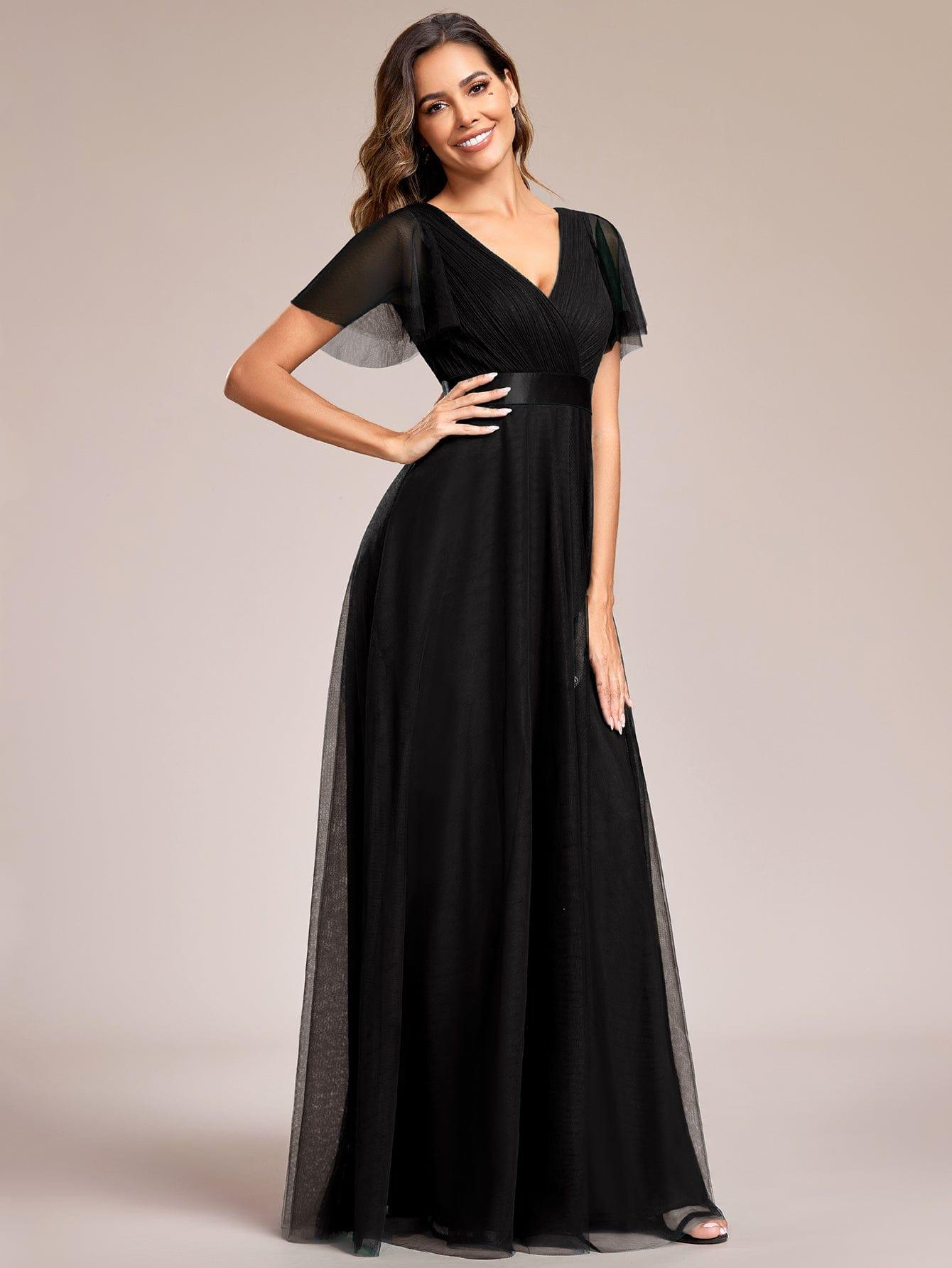 Double V-Neck Floor-Length Short Sleeve Tulle Bridesmaid Dresses #color_Black