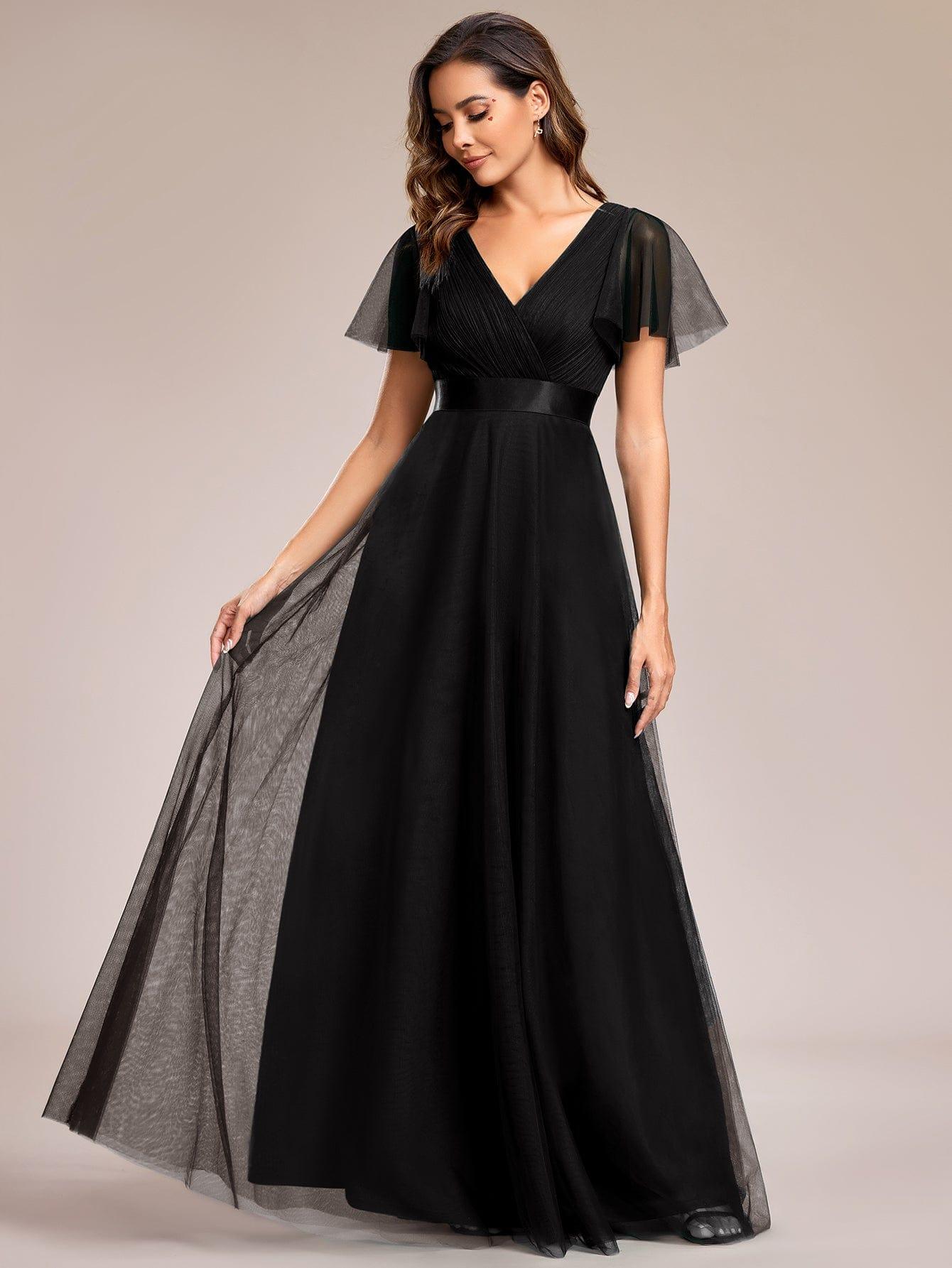 Double V-Neck Floor-Length Short Sleeve Tulle Bridesmaid Dresses #color_Black