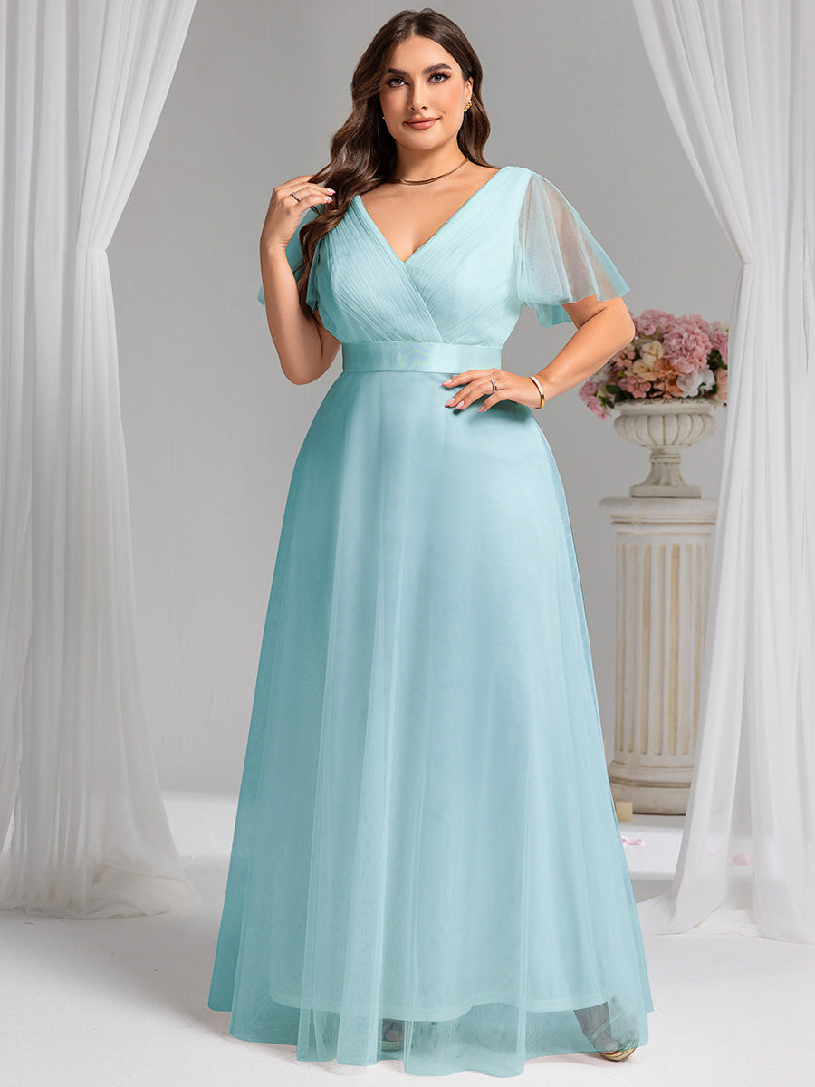 Double V-Neck Floor-Length Short Sleeve Tulle Bridesmaid Dresses #color_Sky Blue