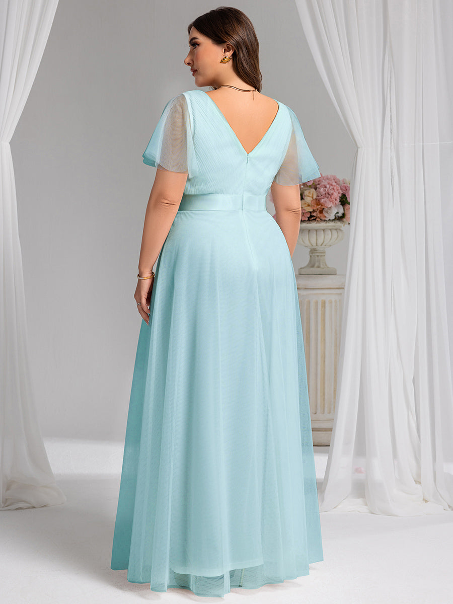 Double V-Neck Floor-Length Short Sleeve Tulle Bridesmaid Dresses #color_Sky Blue