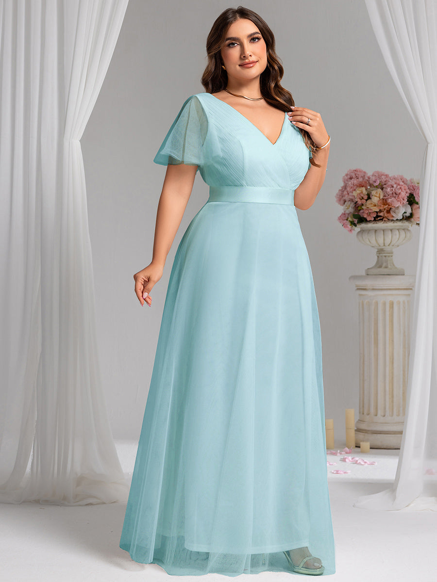 Double V-Neck Floor-Length Short Sleeve Tulle Bridesmaid Dresses #color_Sky Blue