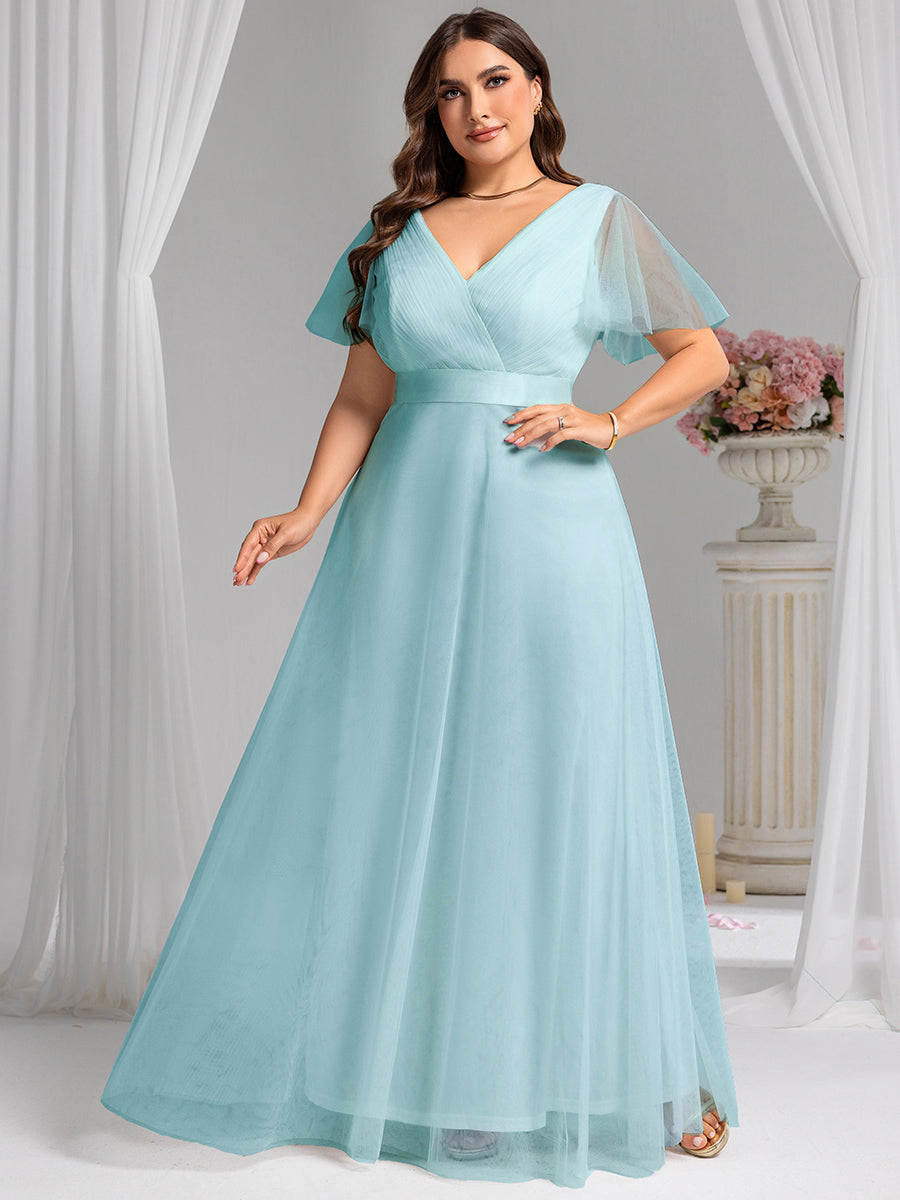 Double V-Neck Floor-Length Short Sleeve Tulle Bridesmaid Dresses #color_Sky Blue