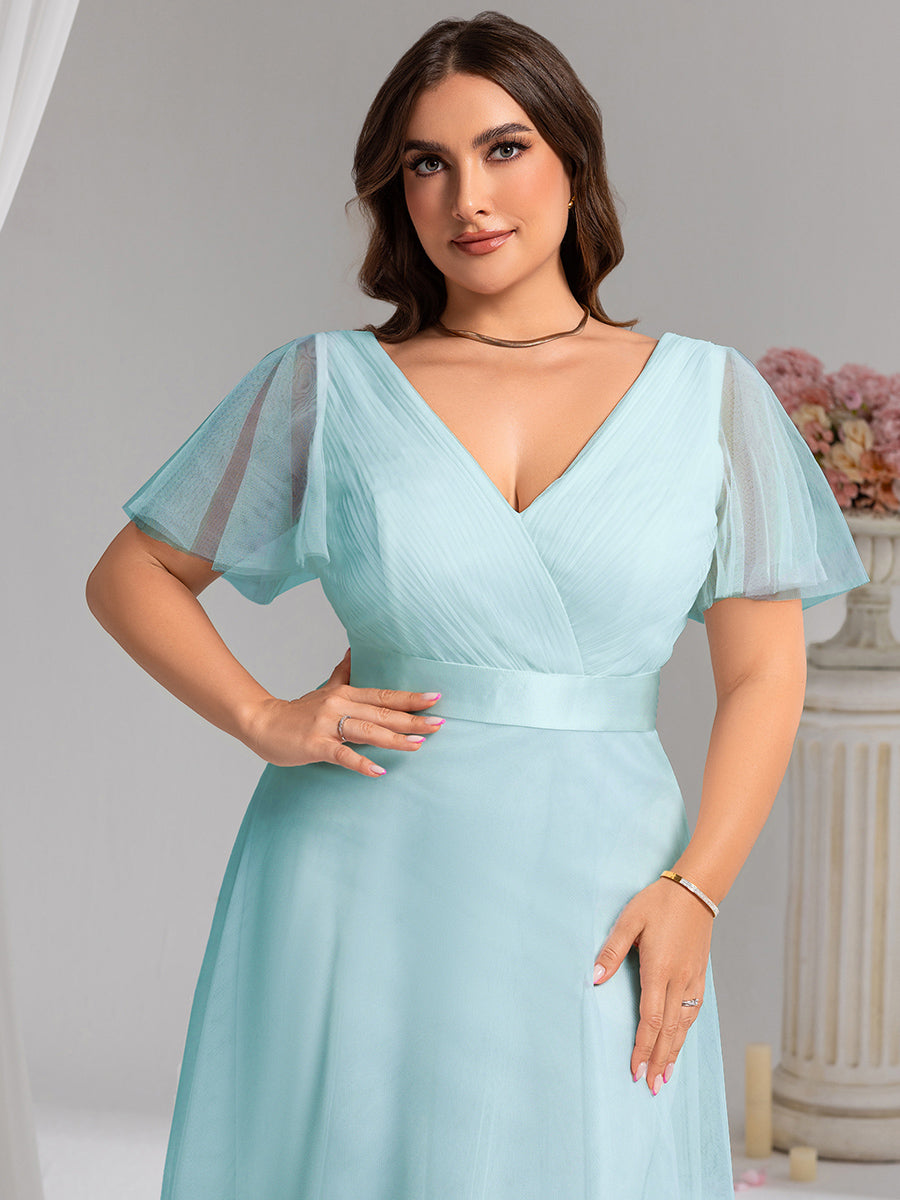 Double V-Neck Floor-Length Short Sleeve Tulle Bridesmaid Dresses #color_Sky Blue