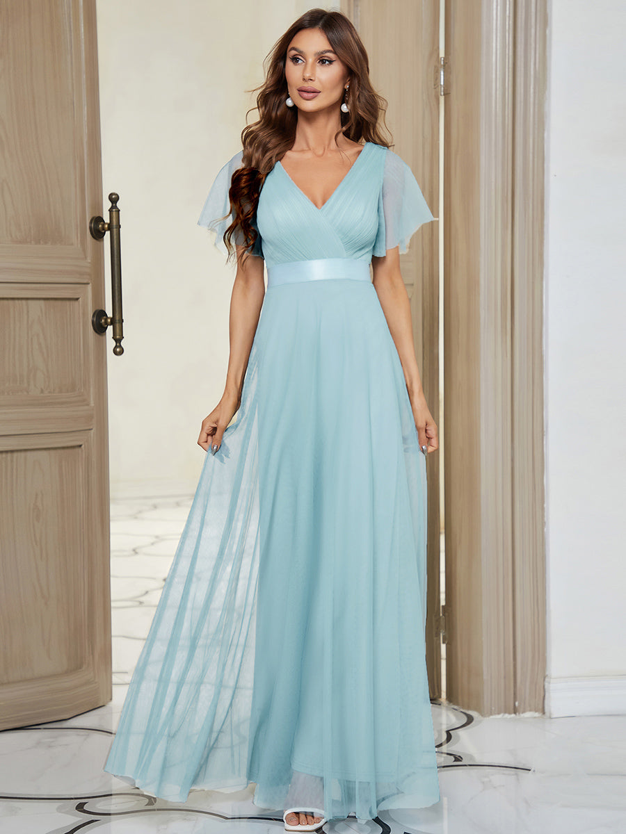 Double V-Neck Floor-Length Short Sleeve Tulle Bridesmaid Dresses #color_Sky Blue