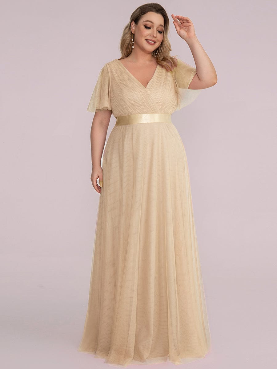 Double V-Neck Floor-Length Short Sleeve Tulle Bridesmaid Dresses #color_Champagne