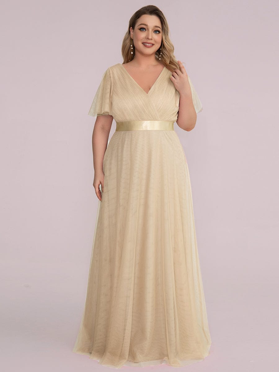 Double V-Neck Floor-Length Short Sleeve Tulle Bridesmaid Dresses #color_Champagne