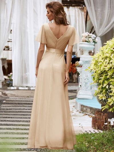 Double V-Neck Floor-Length Short Sleeve Tulle Bridesmaid Dresses #color_Champagne