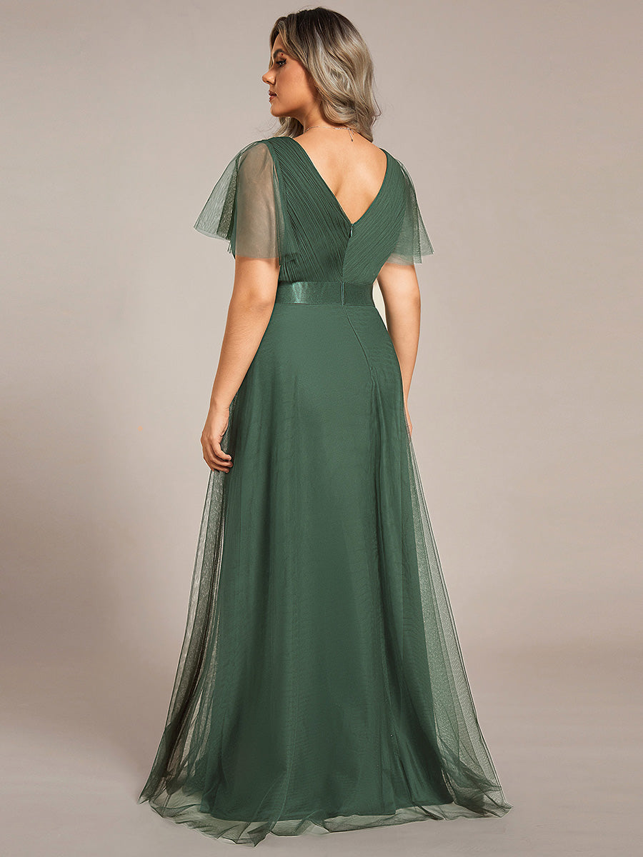 Double V-Neck Floor-Length Short Sleeve Tulle Bridesmaid Dresses #color_Eucalyptus