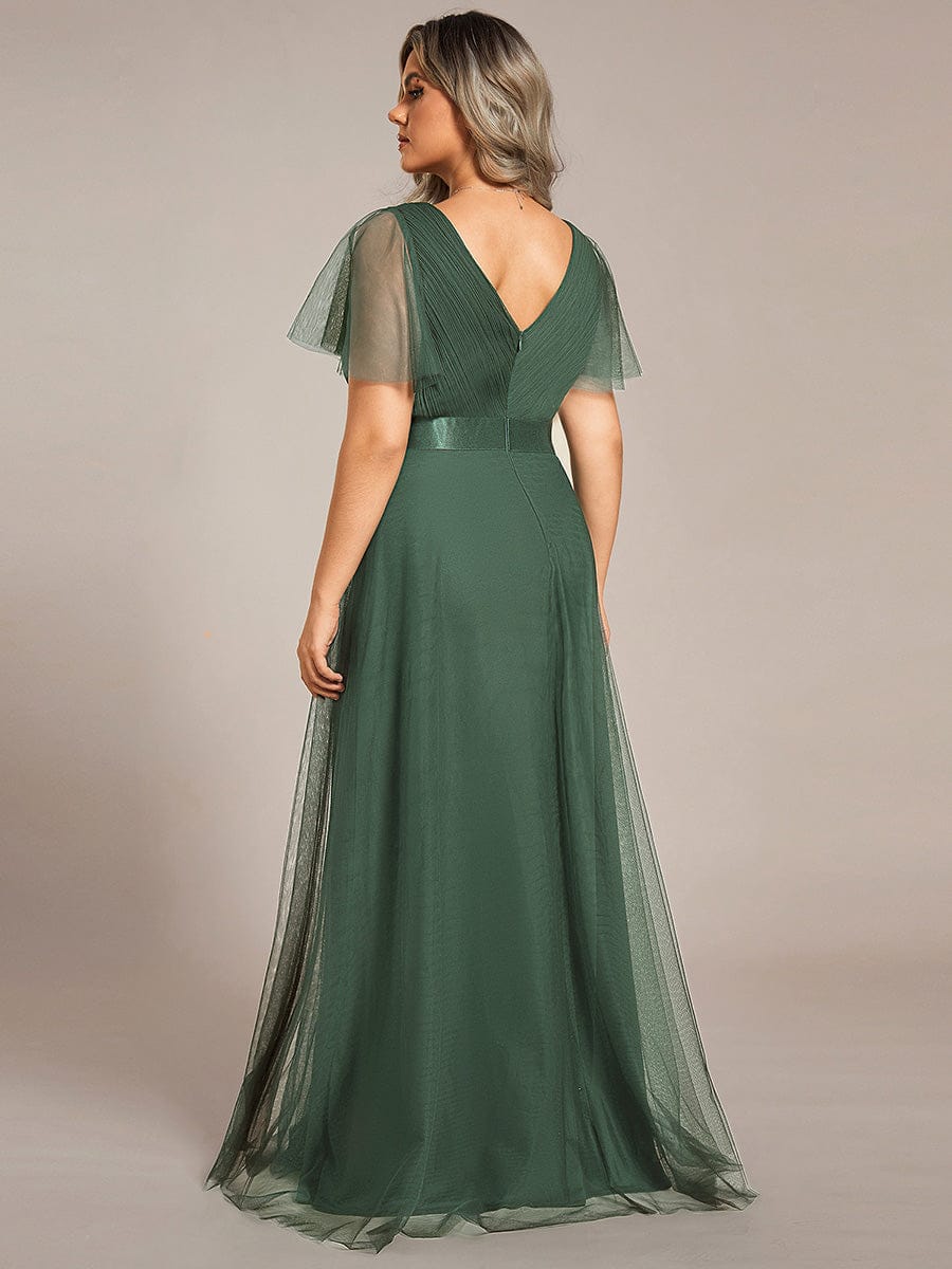 Double V-Neck Floor-Length Short Sleeve Tulle Bridesmaid Dresses #color_Eucalyptus