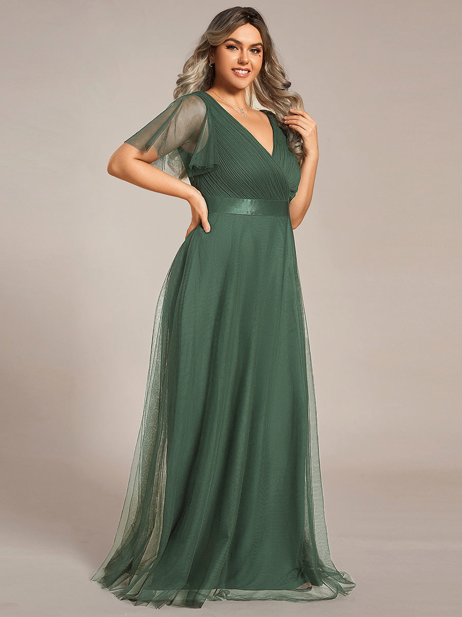 Double V-Neck Floor-Length Short Sleeve Tulle Bridesmaid Dresses #color_Eucalyptus