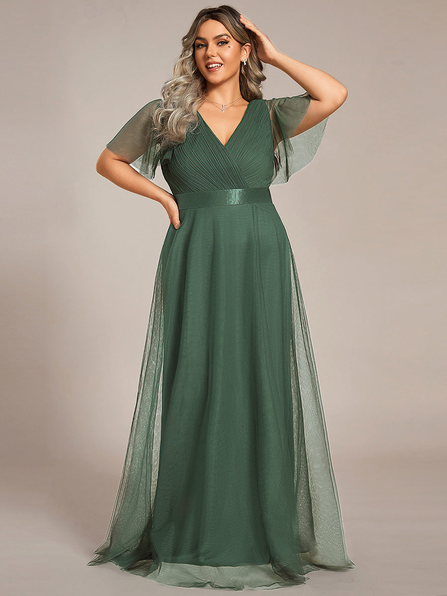 Double V-Neck Floor-Length Short Sleeve Tulle Bridesmaid Dresses #color_Eucalyptus