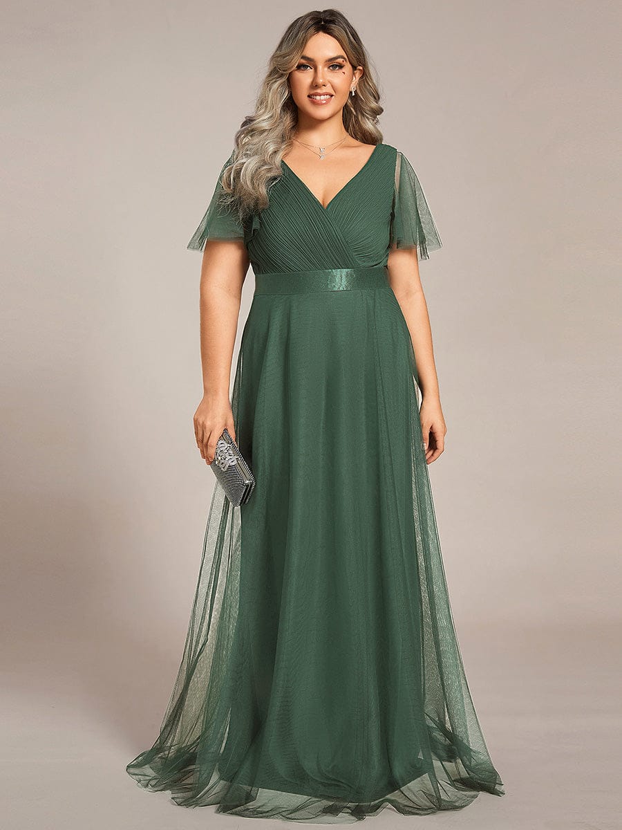 ever MISTE|Double V-Neck Floor-Length Short Sleeve Tulle Bridesmaid Dresses