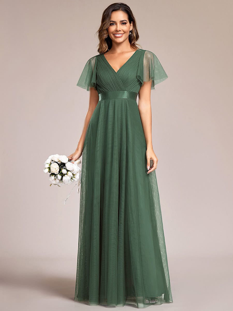 Double V-Neck Floor-Length Short Sleeve Tulle Bridesmaid Dresses #color_Eucalyptus
