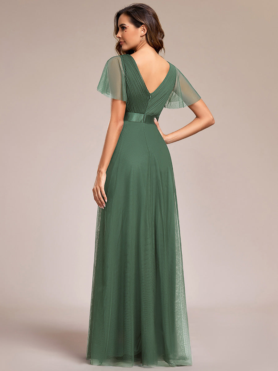 Double V-Neck Floor-Length Short Sleeve Tulle Bridesmaid Dresses #color_Eucalyptus